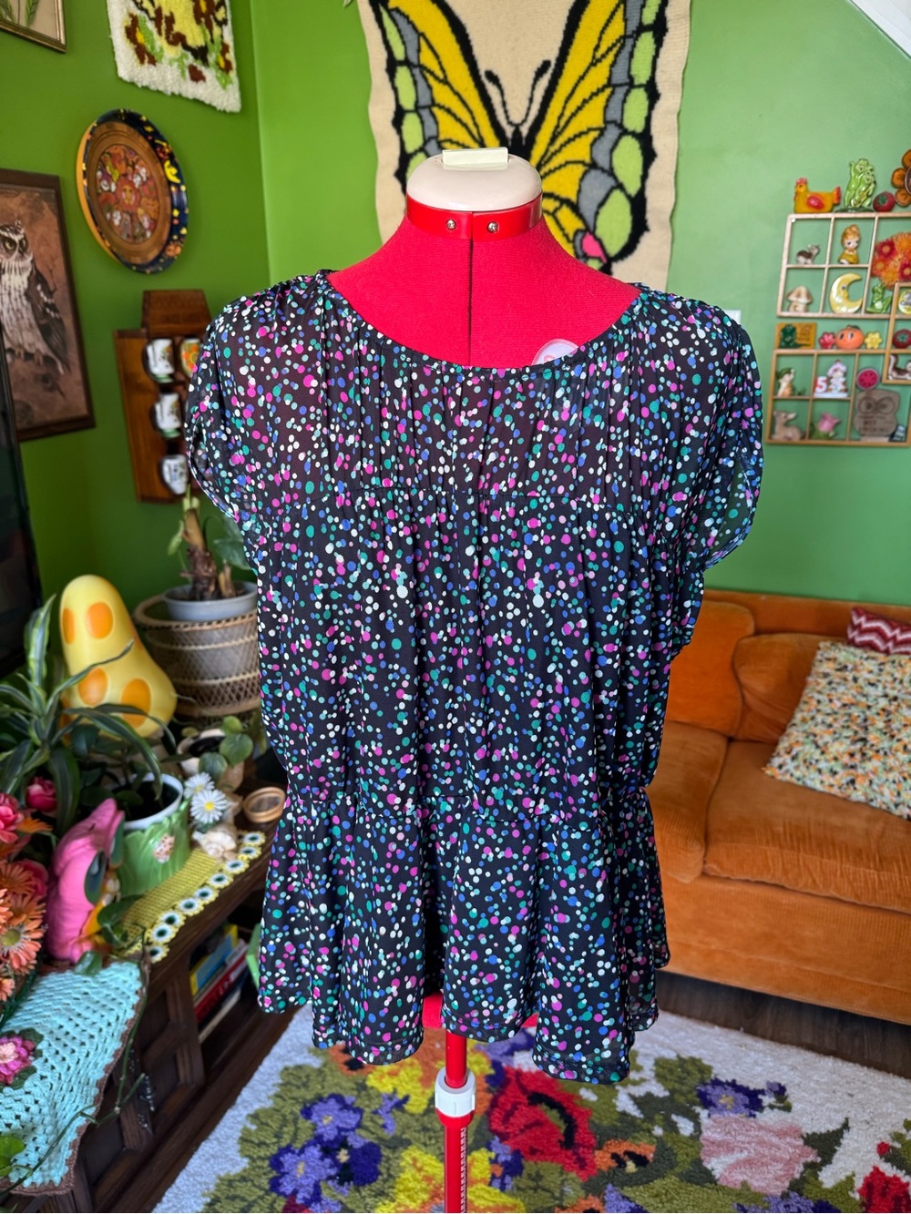 Suzy Shier Black Multi-Color Dot Peplum Tank